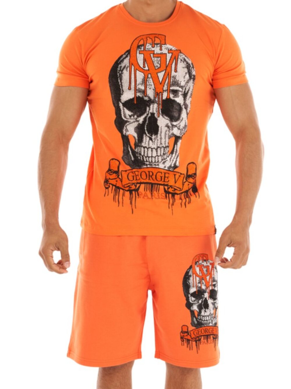 Avenue George V Paris Short Set Men's Short Sleeve ORANGE Rhinestone Skull XL L